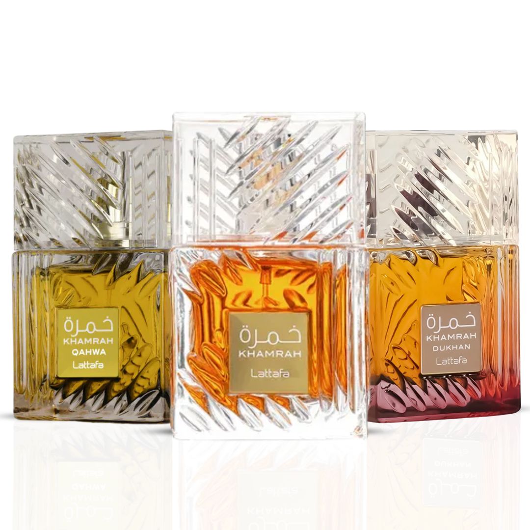 Khamrah, Khamrah Qahwa & Khamrah Dukhan Eau De Parfum Sprays 100ML (3.4 OZ) by Lattafa | Three Expressions of Indulgence: Bold, Gourmand & Mysteriously Rich. (Collection) - Intense Oud