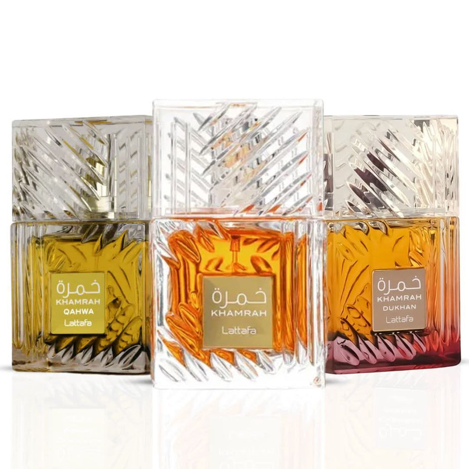 Lattafa Khamrah Eau de Parfum sprays, 100ml bottles, featuring elegant packaging from the Khamrah collection.