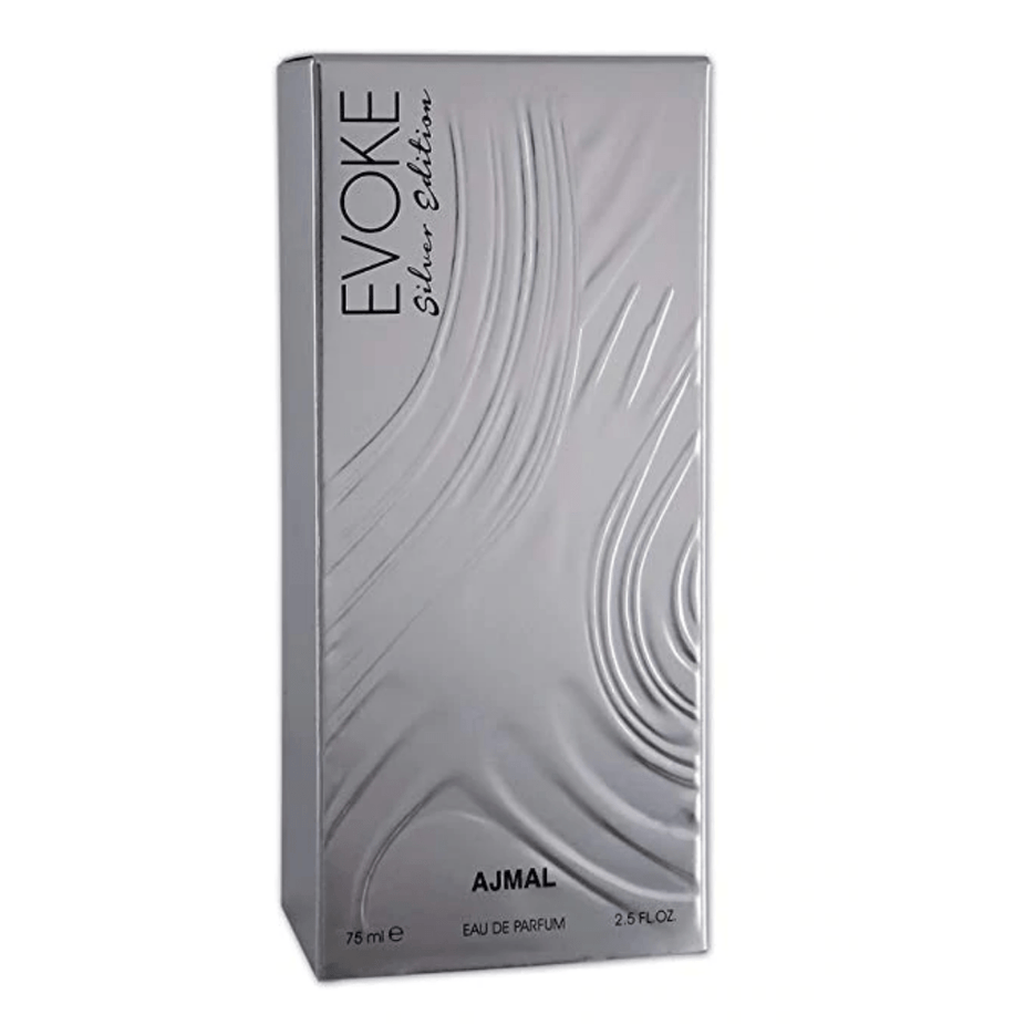 Evoke Silver Edition Women’s Eau De Parfum by Ajmal, 75ml bottle with elegant silver packaging.