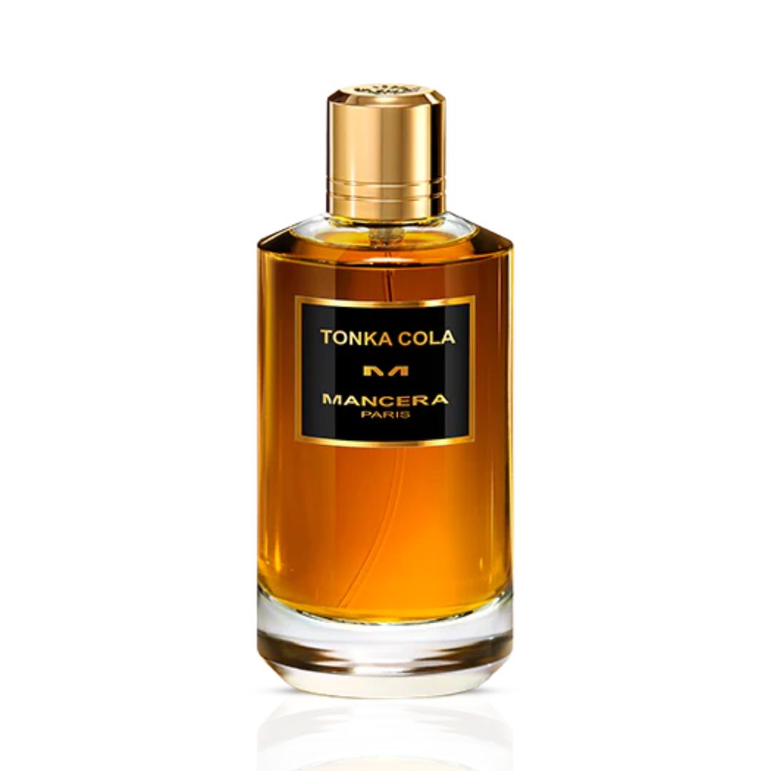 Mancera Tonka Cola Eau de Parfum spray bottle, 120ml, with sleek design and black cap, showcasing the fragrance packaging.