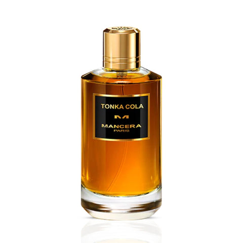 Mancera Tonka Cola Eau de Parfum spray bottle, 120ml, with sleek design and black cap, showcasing the fragrance packaging.
