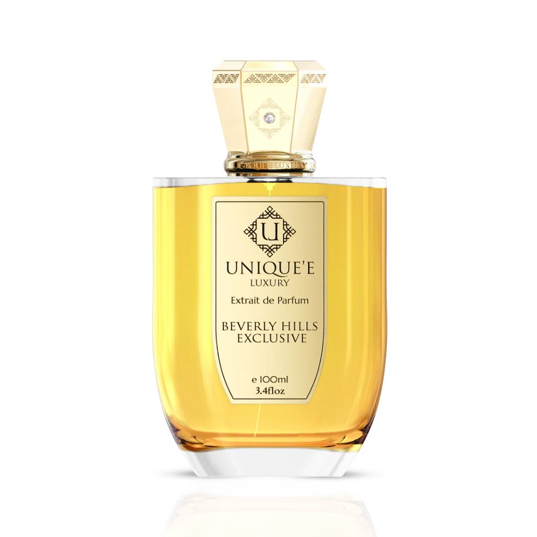 Unique'e Luxury Beverly Hills Exclusive Extrait de Parfum 100ml EDP bottle with elegant design and gold accents.