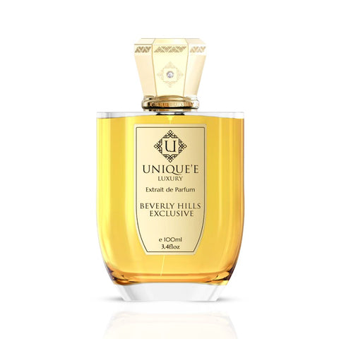 Unique'e Luxury Beverly Hills Exclusive Extrait de Parfum 100ml EDP bottle with elegant design and gold accents.