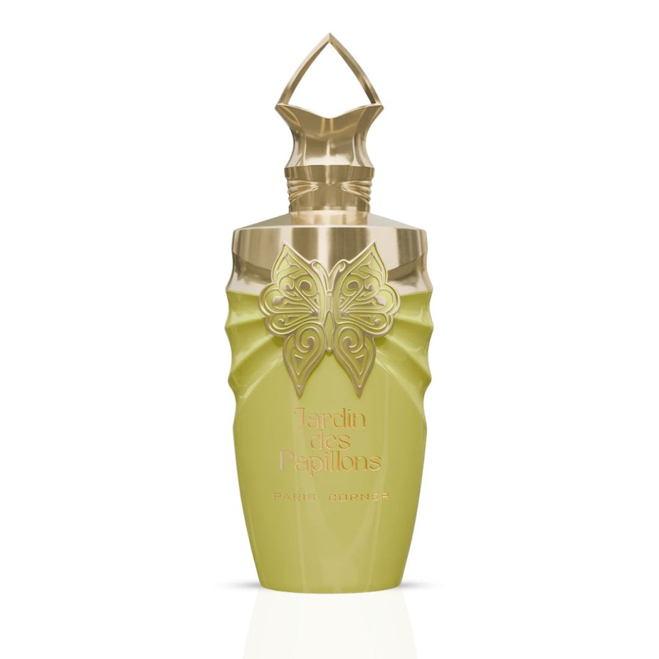 Jardin des Papillons Eau de Parfum spray by Paris Corner, 100ml bottle with elegant floral design and purple accents.