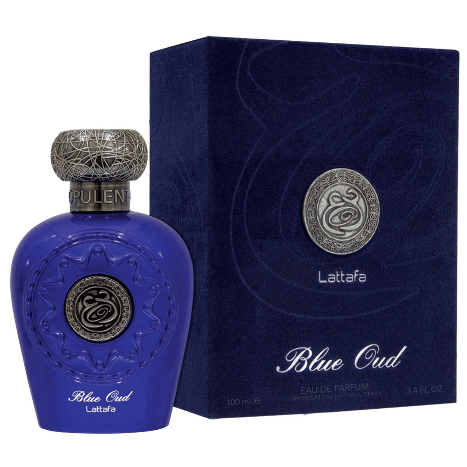Blue Oud EDP by Lattafa, 100ml bottle with elegant blue packaging, showcasing the luxurious fragrance of this Eau De Parfum.