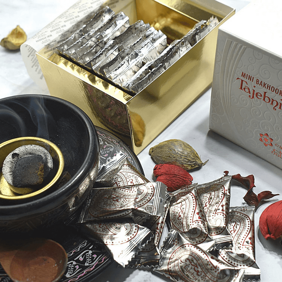 Nabeel Perfumes Tajebni Mini Bakhoor set with three 36g packs, showcasing fragrant traditional Bakhoor for home or personal use.