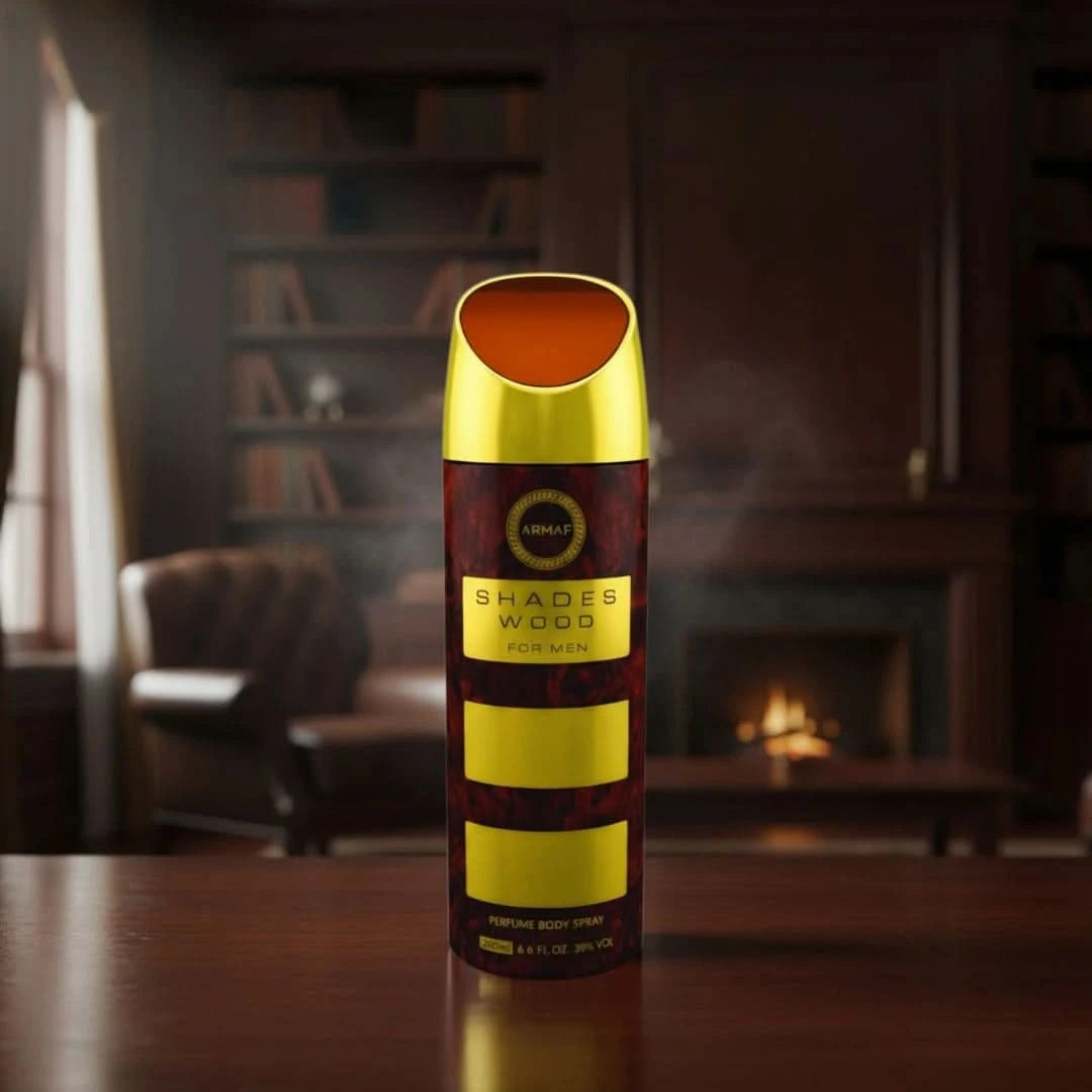 Armaf Shades Wood deodorant spray 200ml bottle with sleek packaging, designed for freshening up and odor control.