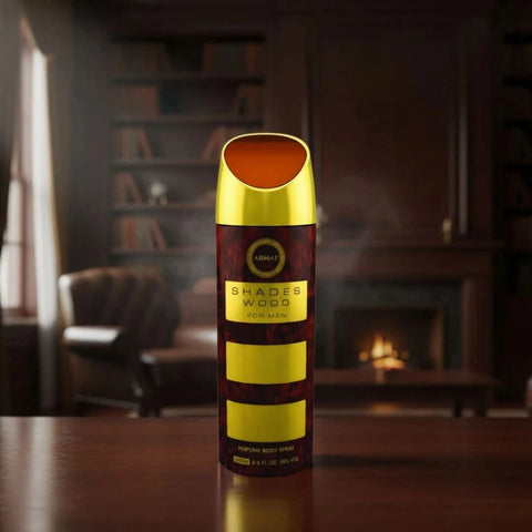 Armaf Shades Wood deodorant spray 200ml bottle with sleek packaging, designed for freshening up and odor control.