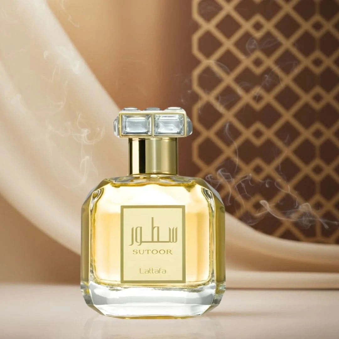 Lattafa Sutoor Eau de Parfum spray 100ml with velvet pouch, showcasing the elegant perfume bottle and packaging.