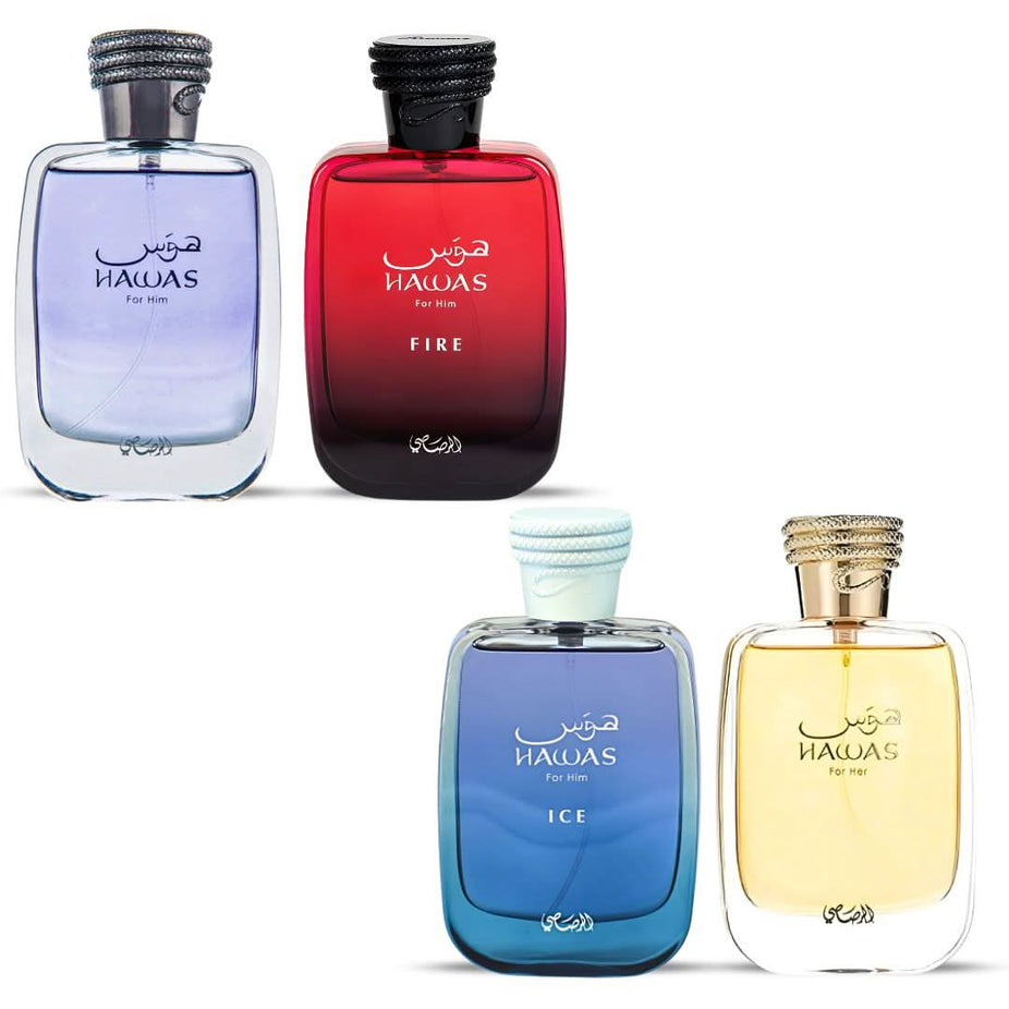 Rasasi Hawas and Hawas Ice, Fire, and for Her Eau de Parfum sprays 100ml bottles, featuring sleek glass containers with branding.