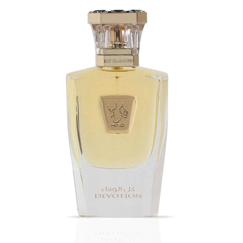 Hind Al Oud Devotion Parfum Eau de Parfum spray bottle with 50ml capacity, elegant design, and floral fragrance.