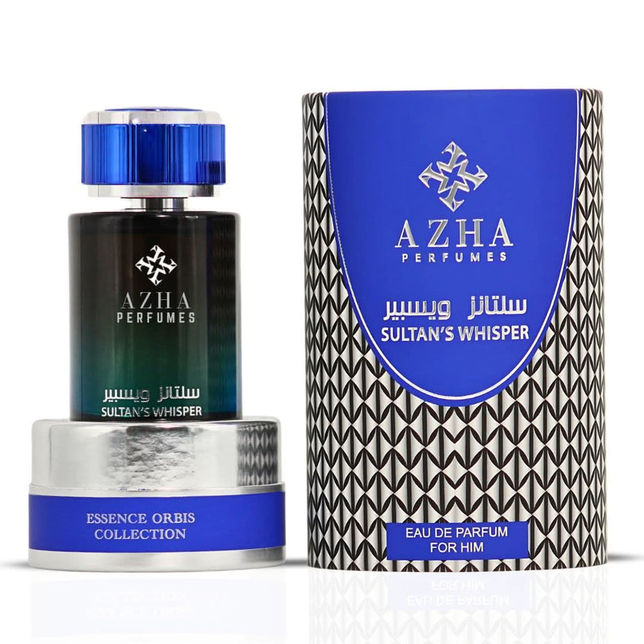 Azha Sultan's Whisper for Him Eau de Parfum spray 100ml bottle with elegant packaging and sleek design.