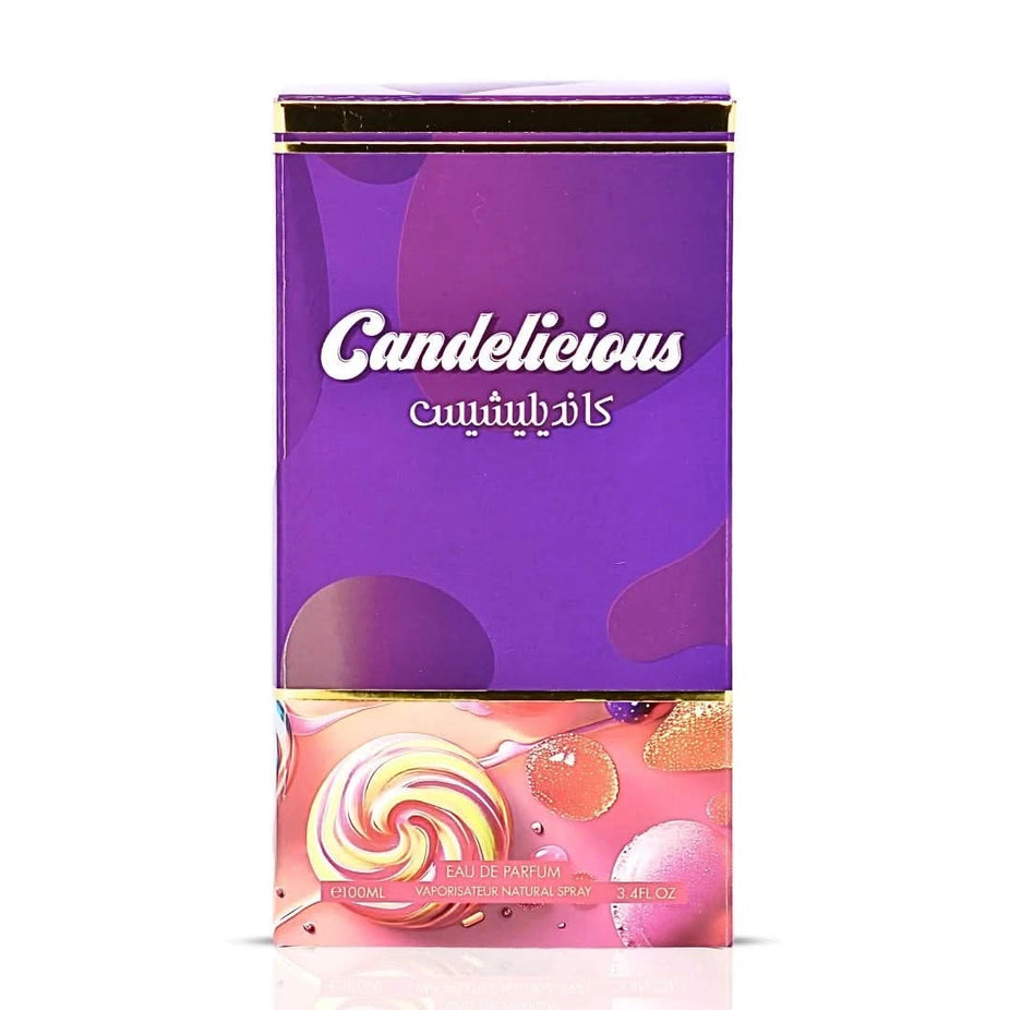 Risala Candelicious Eau de Parfum spray 100ml bottle, sleek design, elegant packaging, and fragrance details visible in the image.