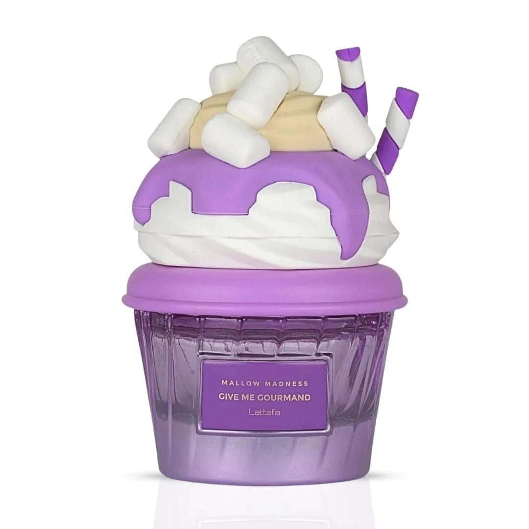 Lattafa Mallow Madness Eau de Parfum spray 75ml in a velvet pouch, featuring a luxurious fragrance bottle with elegant design.