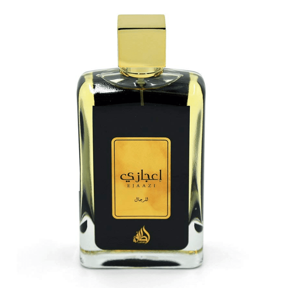 Lattafa Ejaazi Eau De Parfum spray 100ml bottle with elegant packaging and cap, showcasing the fragrance bottle design.