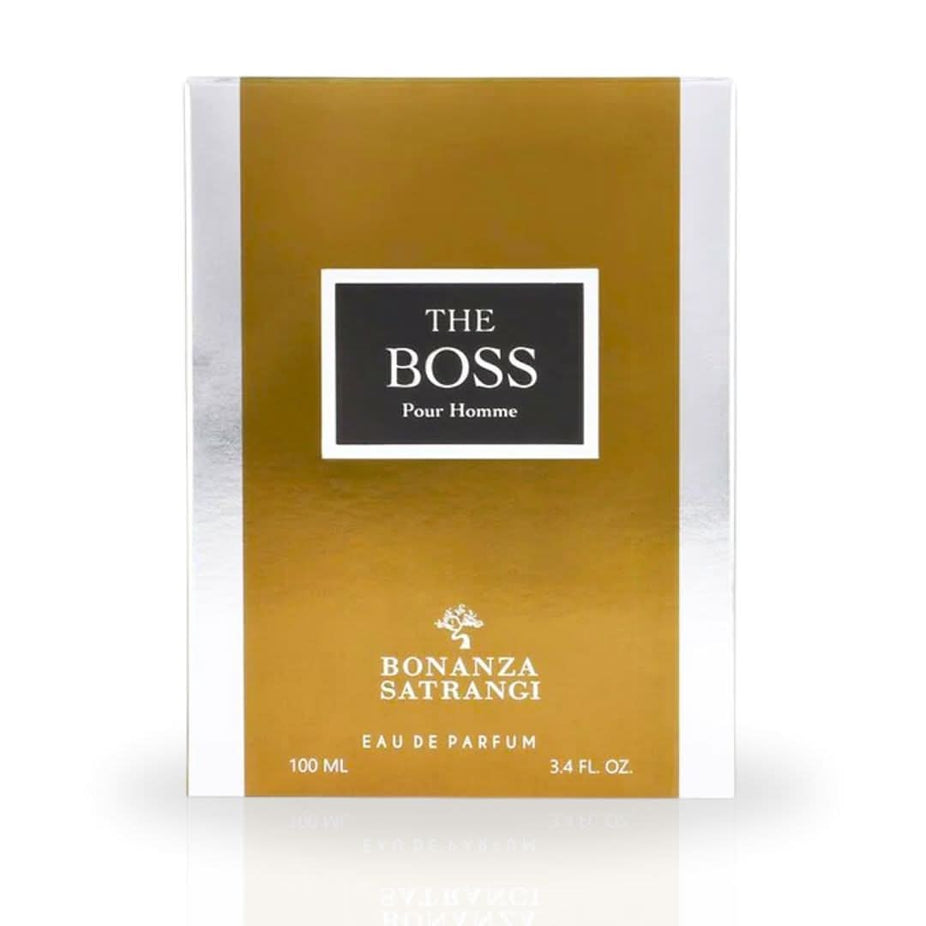 Bonanza Satrangi Boss Pour Homme EDP spray 100ML with floral and woody notes, showcasing the luxurious perfume bottle.