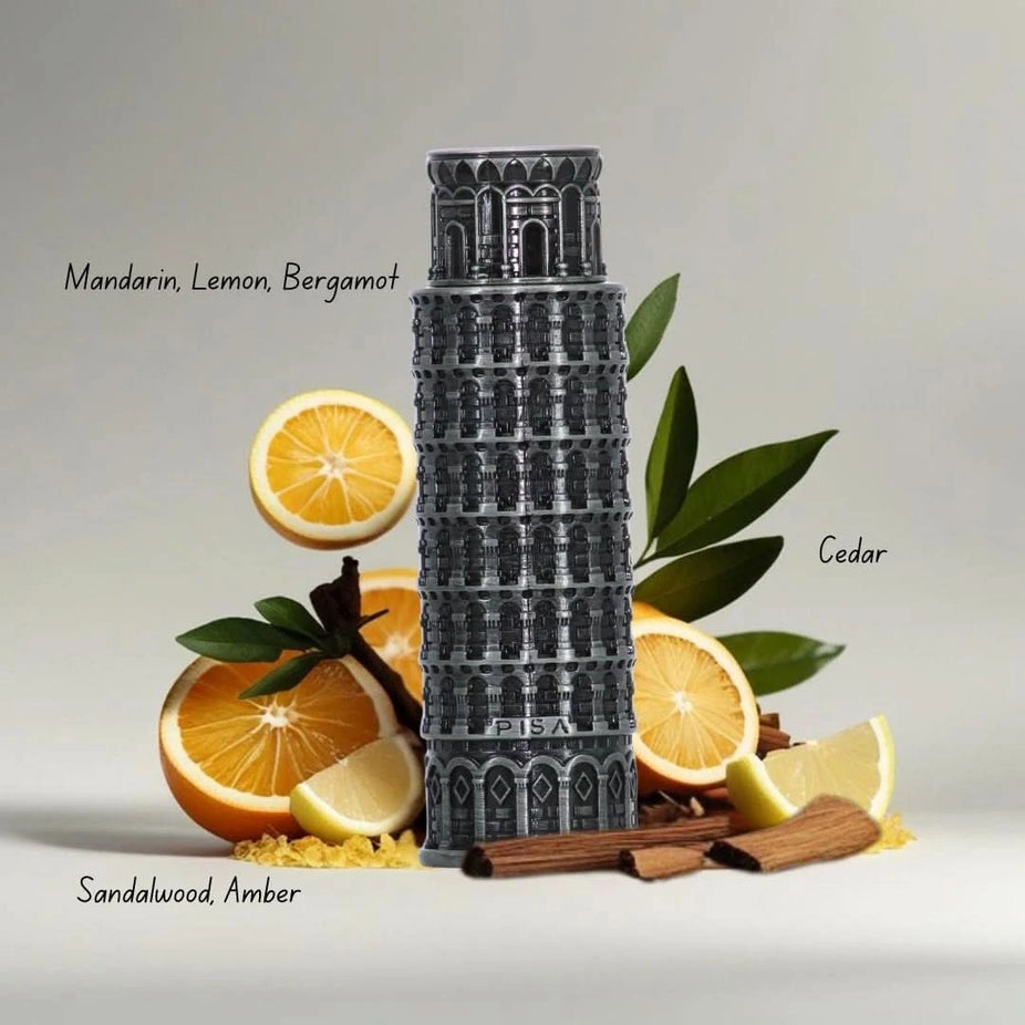 Lattafa Pride Pisa 3-piece perfume gift set featuring three elegant perfume bottles in a stylish gift box.