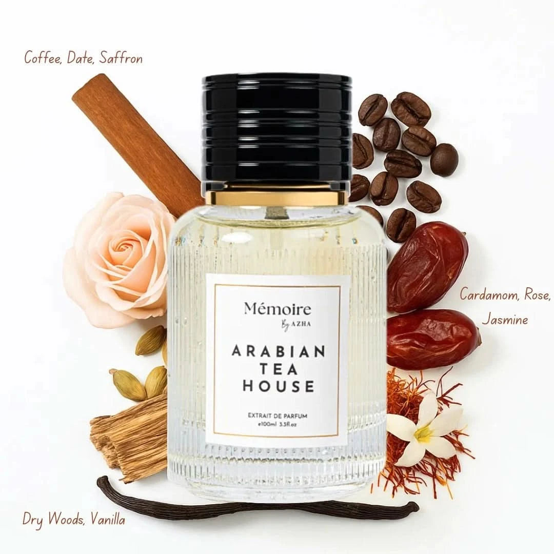 Bundle of Azha Arabian Tea House & Baklava Extrait de Parfum sprays from Memoire Collection, 100ml, featuring elegant perfume bottles.