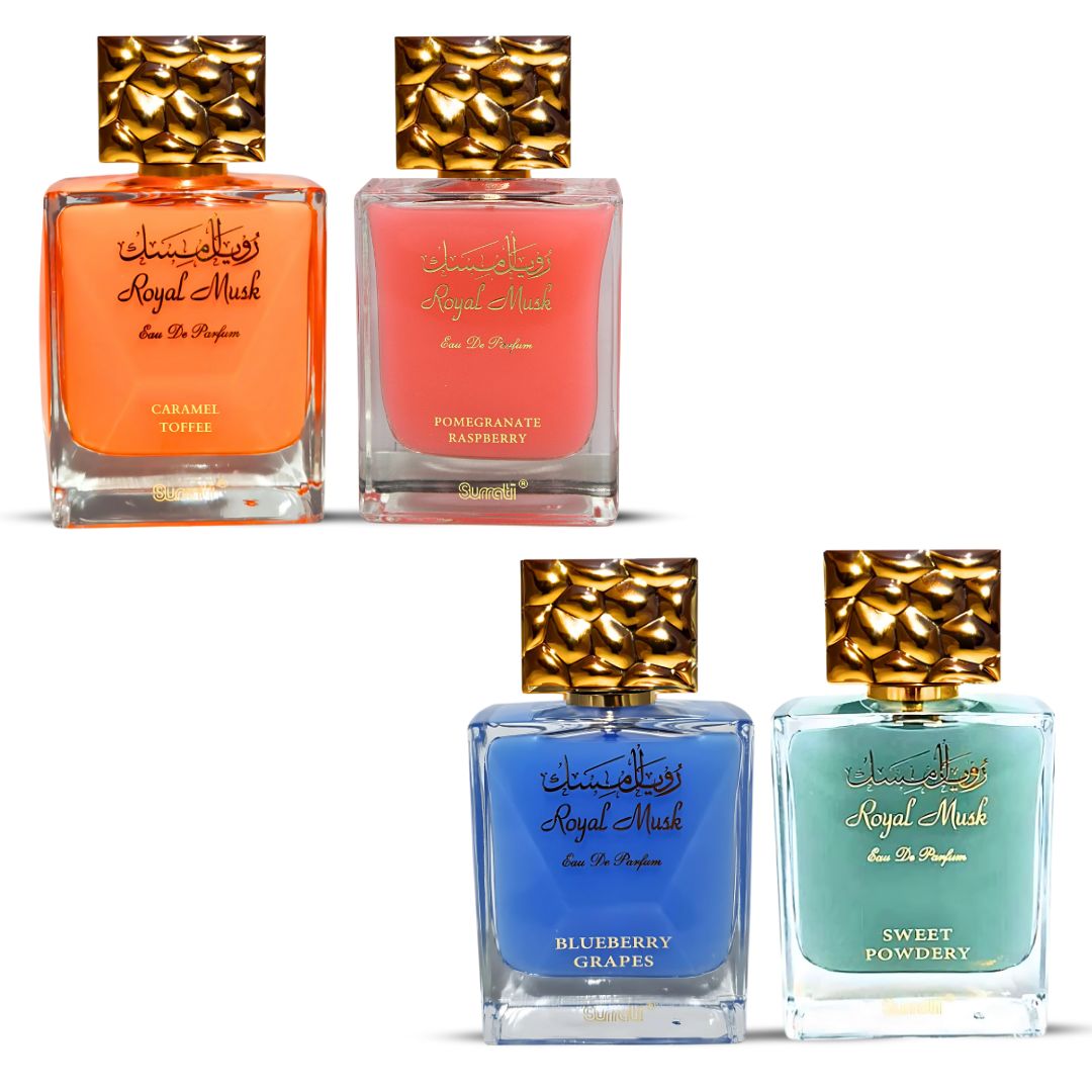 Royal Musk Caramel Toffee, Pomegranate Raspberry, Blueberry Grapes, Sweet Powdery Eau De Parfum Sprays 100ML (3.4 OZ) by Surrati | Exotic Fragrances for Men & Women. (Bundle) - Intense Oud