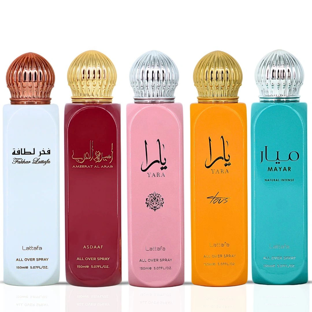 Yara, Yara Tous, Ameerat Al Arab, Mayar Natural Intense & Fakhar Women All-Over Sprays 150ml (5.07 oz) by Lattafa | Five Scents, Endless Moods — The Perfect Mist for Every Moment (Bundle) - Intense Oud