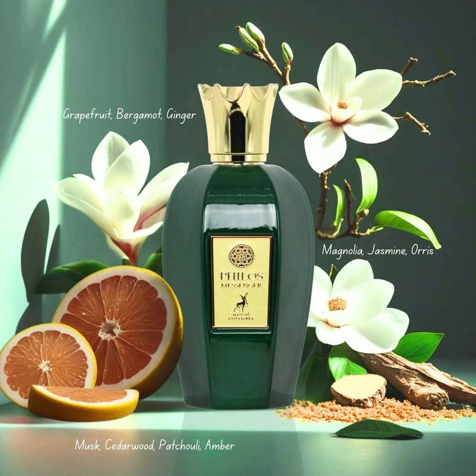 Maison Alhambra Philos perfume bundle featuring Philos Centro, Messenger, Opus Noir, Rosso, and Shine Eau de Parfum sprays in 100ml bottles.