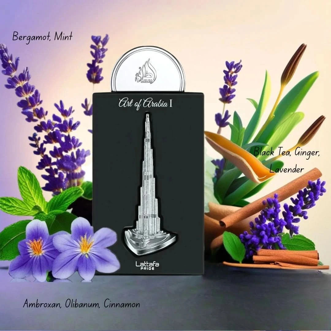 Lattafa Art Of Arabia Eau de Parfum spray bundle with three 100ml bottles, featuring elegant perfume bottles and packaging.