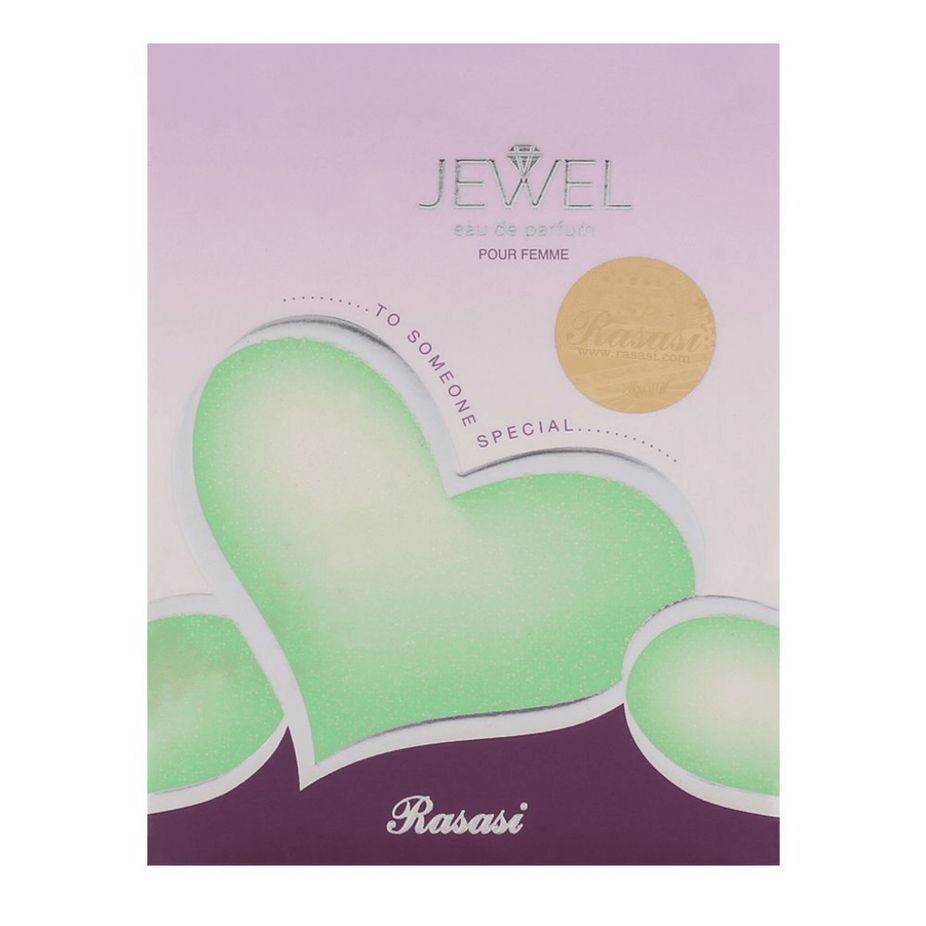 Rasasi Jewel for Women Eau De Parfum 50ML bottle with elegant floral and fruity design, showcasing the perfume's luxurious packaging.