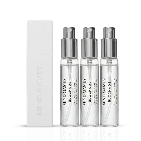Mind Games Blockade Travel Trio featuring three 7.5ml bottles of game collection in a compact travel set.