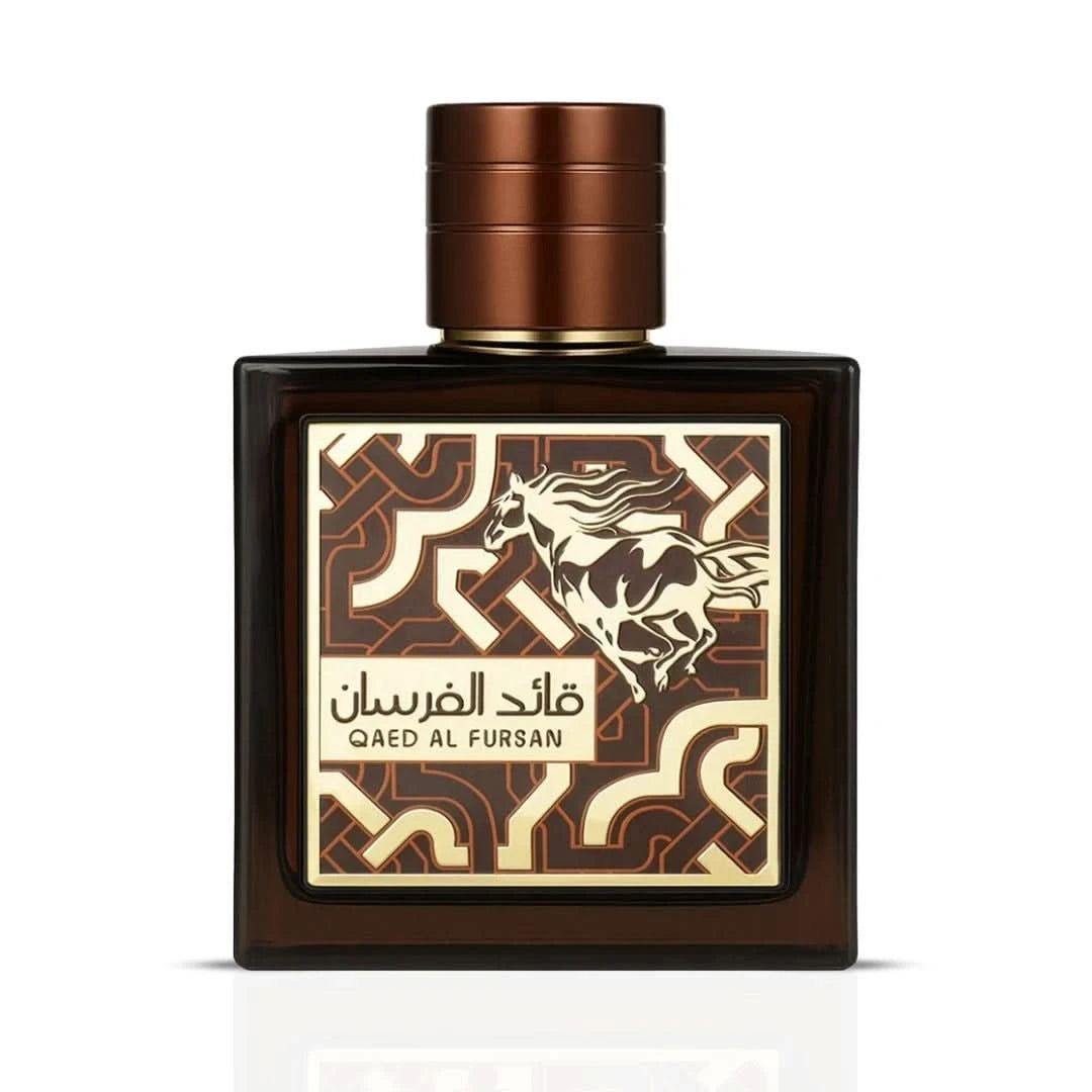 Qaed Al Fursan Untamed Eau de Parfum spray by Lattafa in a velvet pouch, 90ml bottle with elegant design visible.