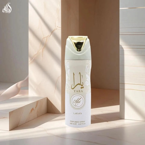 Lattafa Yara Moi deodorant spray 200ml bottle with a sleek design, ready for freshening up.