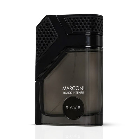 RAVE Marconi Black Intense Eau de Parfum spray bottle, 100ml, sleek black design with elegant cap.
