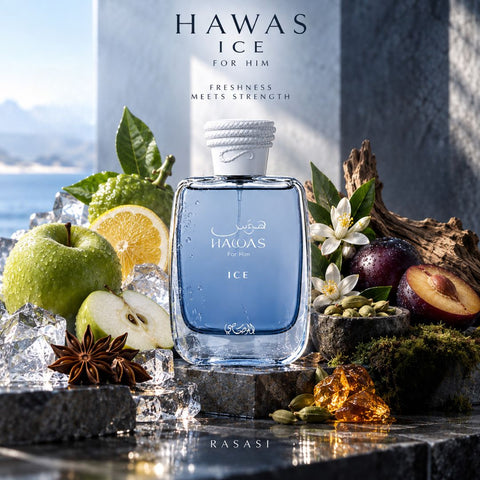 Rasasi Hawas men's perfume bundle including Ice, Fire, Sapphire, and Boa Eau de Parfum sprays in 100ml bottles.