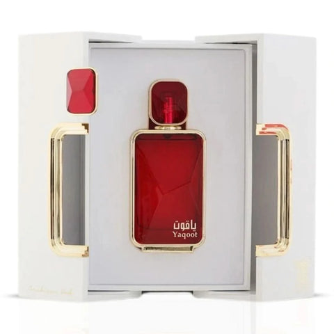 Arabian Oud Yaqoot Eau de Parfum spray 100ml bottle with elegant packaging and floral, woody fragrance design.
