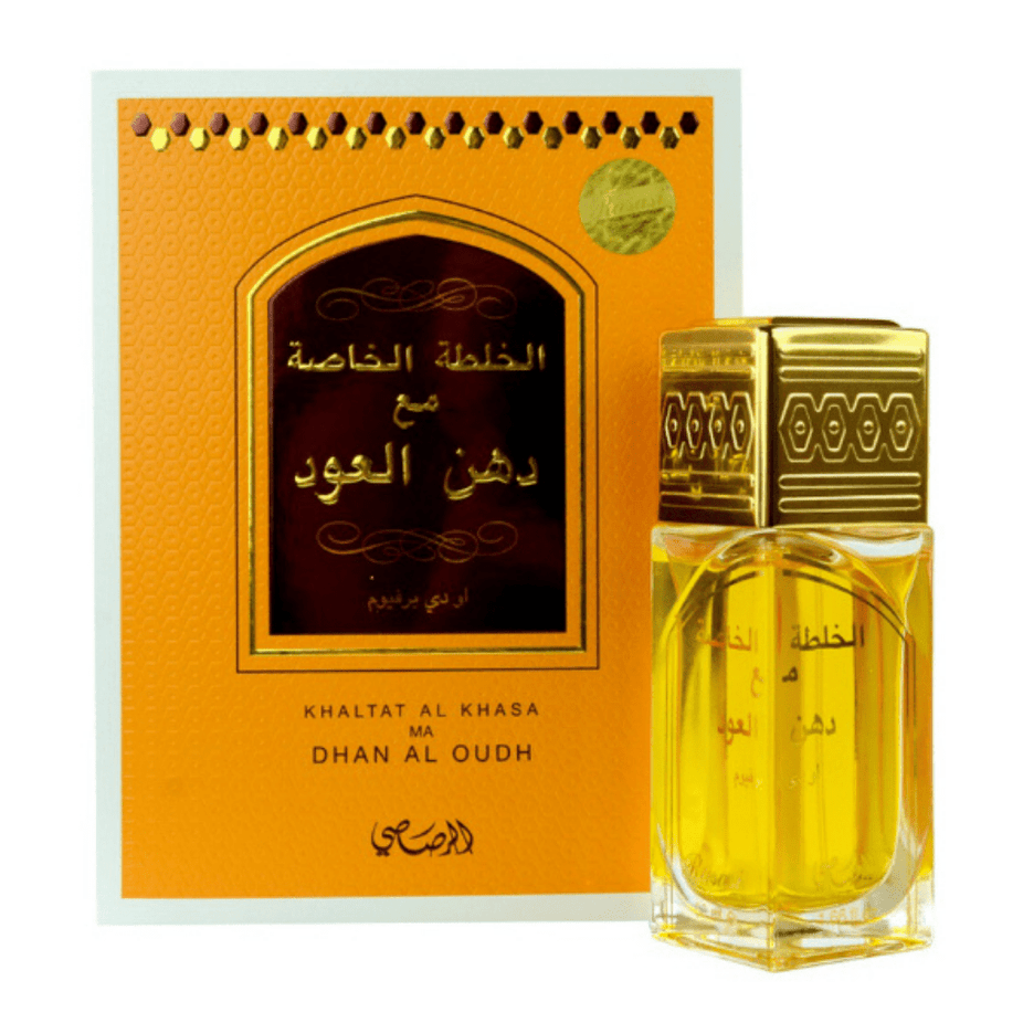 Rasasi Khaltat Al Khasa Ma Dhan Al Oudh Eau de Parfum spray bottle, 50ml, with elegant design and fragrance details visible.