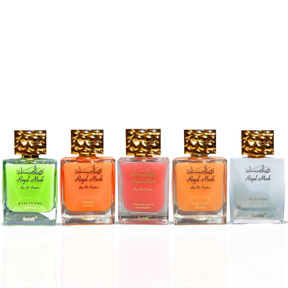 Surrati Royal Musk Collection Eau de Parfum sprays featuring caramel toffee, patchouli apple, pomegranate raspberry, lychee rose scents.
