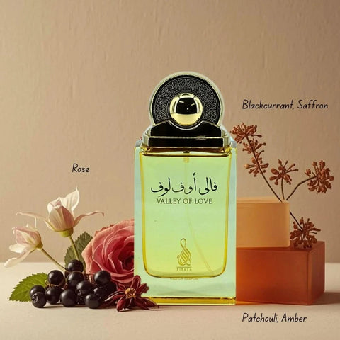Risala Valley Of Love Eau de Parfum Spray 100ml in velvet pouch, featuring elegant packaging and floral fragrance design.