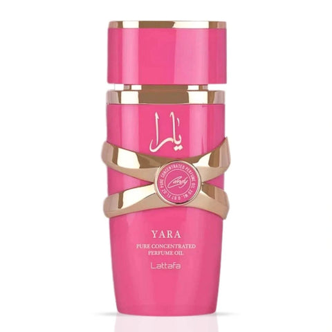Lattafa Yara Candy Concentrated Perfume Oil 20ml bottle, clear glass with gold cap, showcasing the luxurious fragrance packaging.
