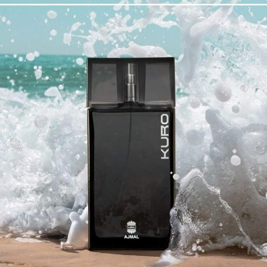 Ajmal Kuro for Men EDP 90ML in velvet pouch, featuring sleek bottle design and elegant packaging for men's fragrance.