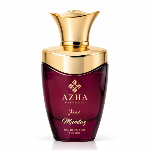 Azha Mumtaz Eau de Parfum spray 100ml bottle, elegant design, showcasing the luxury fragrance packaging.