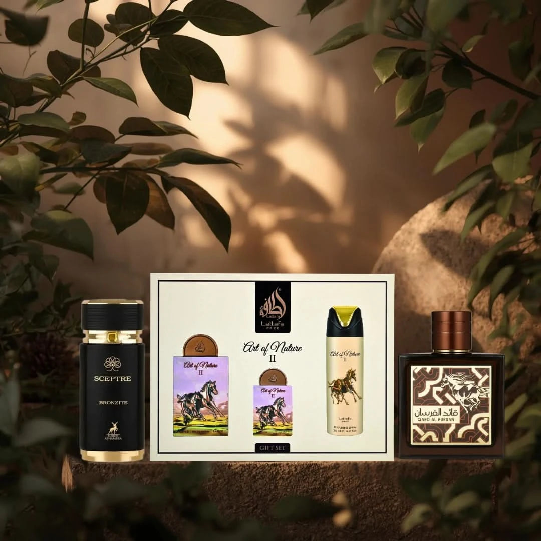 Lattafa Sceptre Bronzite, Maison Alhambra Qaed Al Fursan Eau de Parfum sprays, and Art of Nature II gift set with three perfume bottles.