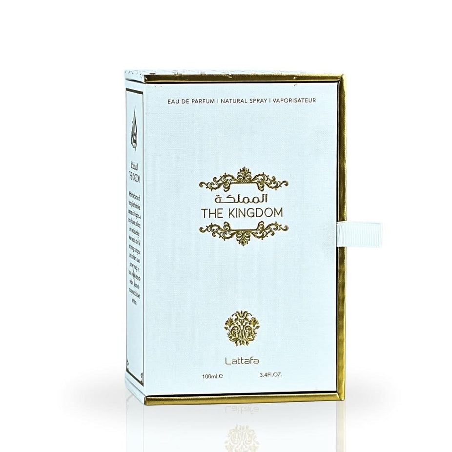 Lattafa The Kingdom for Men Eau De Parfum spray 100ml bottle with sleek design and elegant packaging.