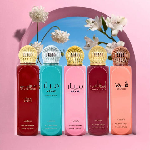 Mayar, Ameerat Al Arab, Mayar Natural Intense, Ana Abiyedh Rouge & Shahd All-Over Sprays 150ml  (5.07 oz) by Lattafa | Five Iconic Scents, Endless Refresh (Bundle) - Intense Oud
