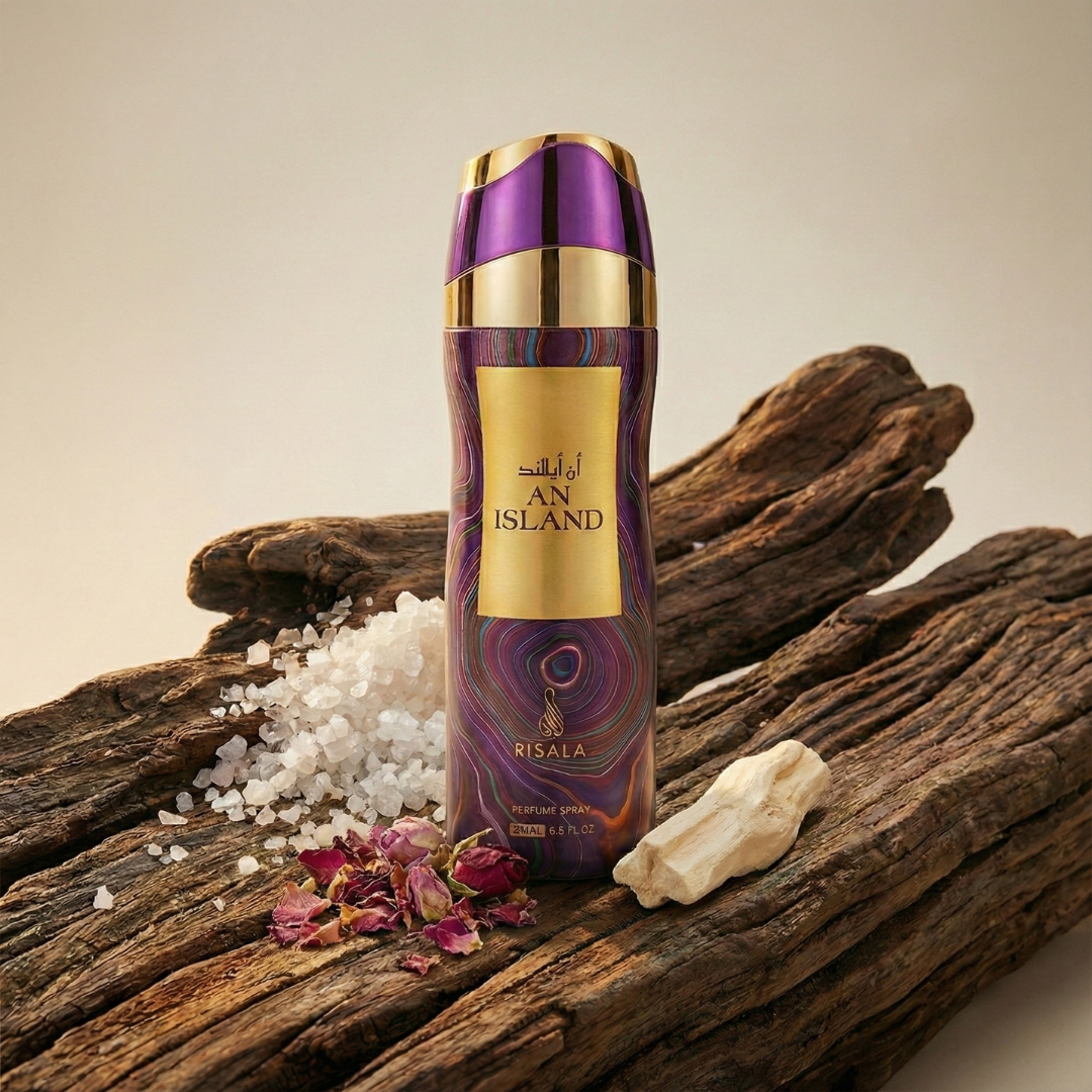 RISALA Island Perfumed Body Spray 200ml deodorant bottle with floral and tropical scent design.
