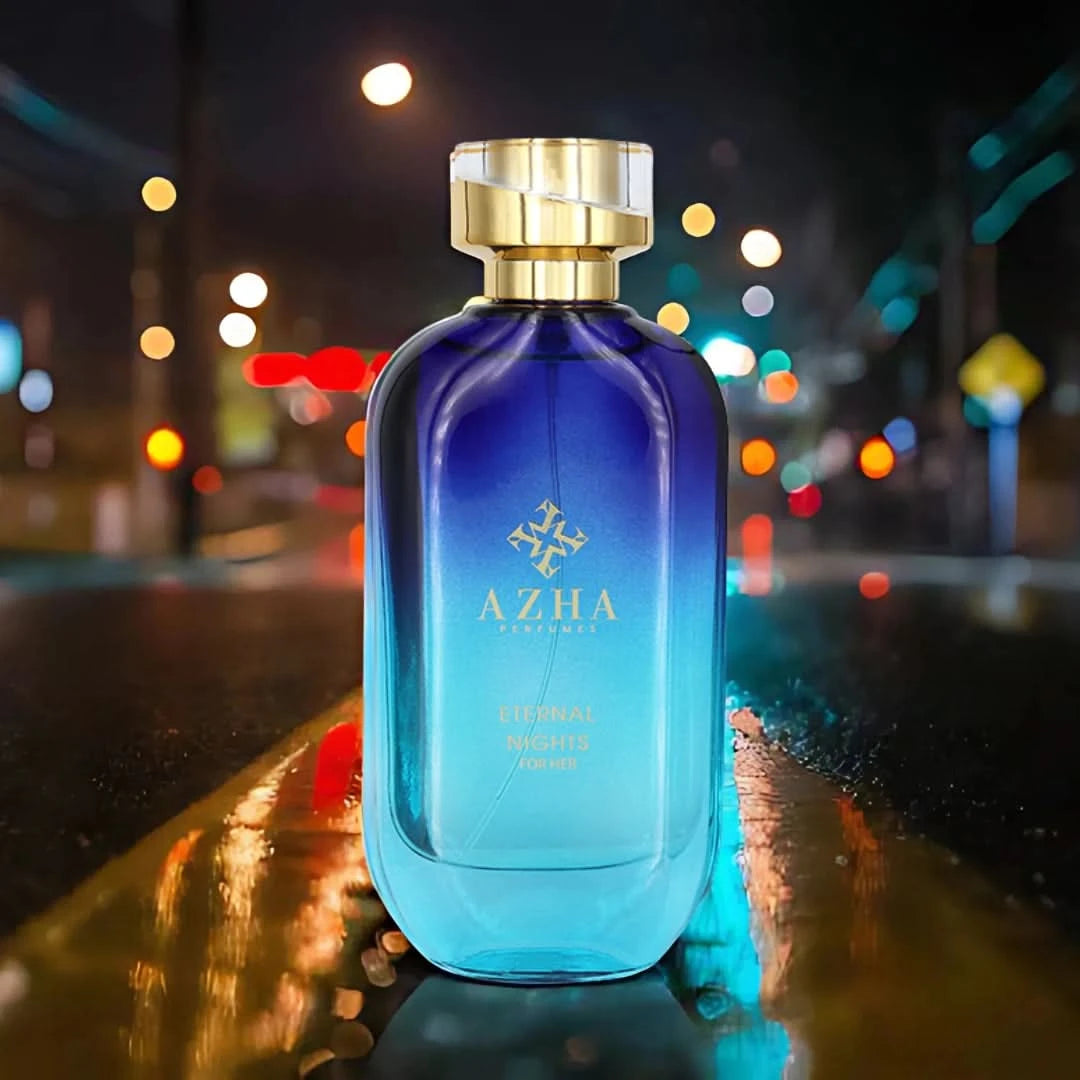 Azha Eternal Nights for Her Eau de Parfum spray 100ml in a velvet pouch, featuring a sleek fragrance bottle with elegant design.