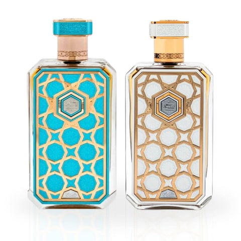 Rasasi Arabian Prive Collection Saada & Nagham Eau de Parfum spray bundle, 70ml bottles, featuring elegant perfume designs.