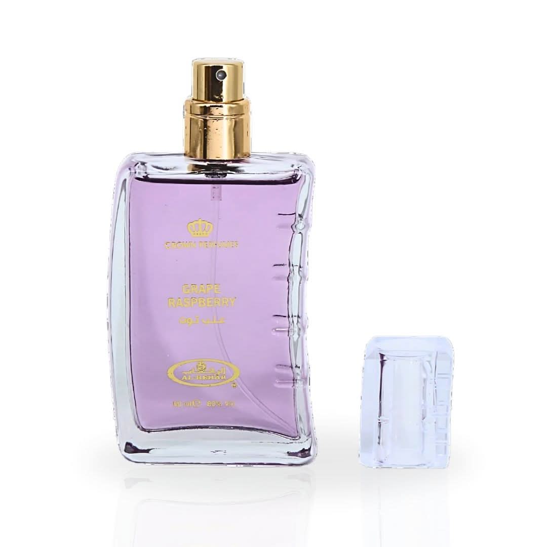 Al Rehab Grape Raspberry Eau de Parfum Spray 50ml in a velvet pouch, featuring a sleek bottle with vibrant fruit-inspired design.