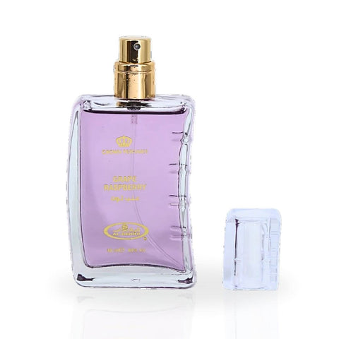 Al Rehab Grape Raspberry Eau de Parfum Spray 50ml in a velvet pouch, featuring a sleek bottle with vibrant fruit-inspired design.