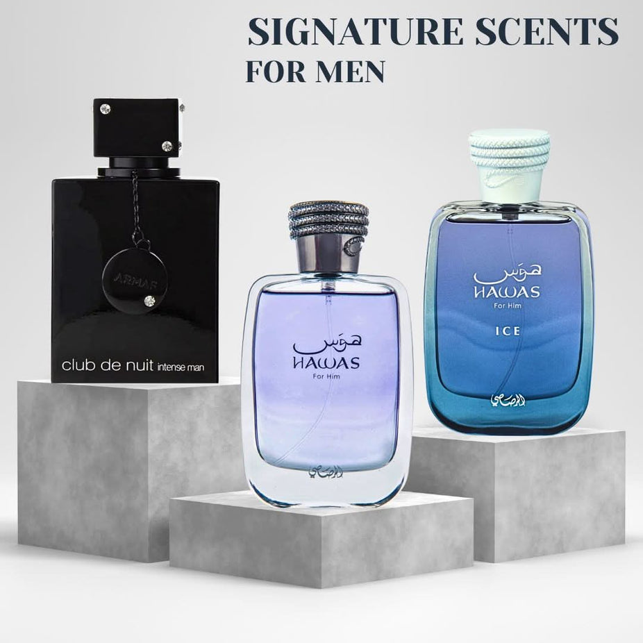 Intense Oud Hawas Ice and Club De Nuit Intense Eau De Parfum sprays for men in a value pack, featuring sleek bottles.