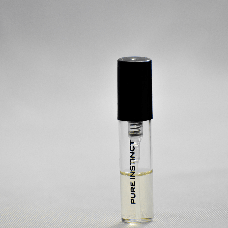 Swiss Arabian Pure Instinct EDP sample for men, 1ML vial, featuring sleek packaging and clear label for fragrance testing.