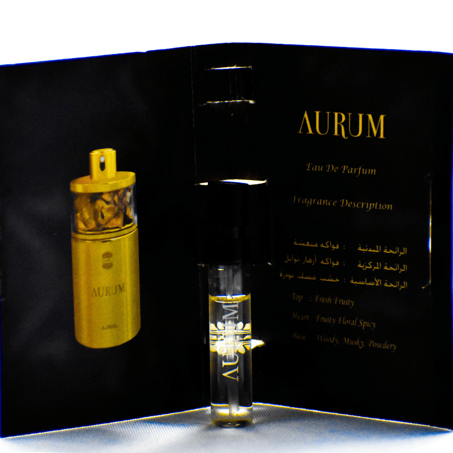 Aurum EDP sample for women by Ajmal, 1ml perfume vial, showcasing the elegant packaging and clear glass bottle.